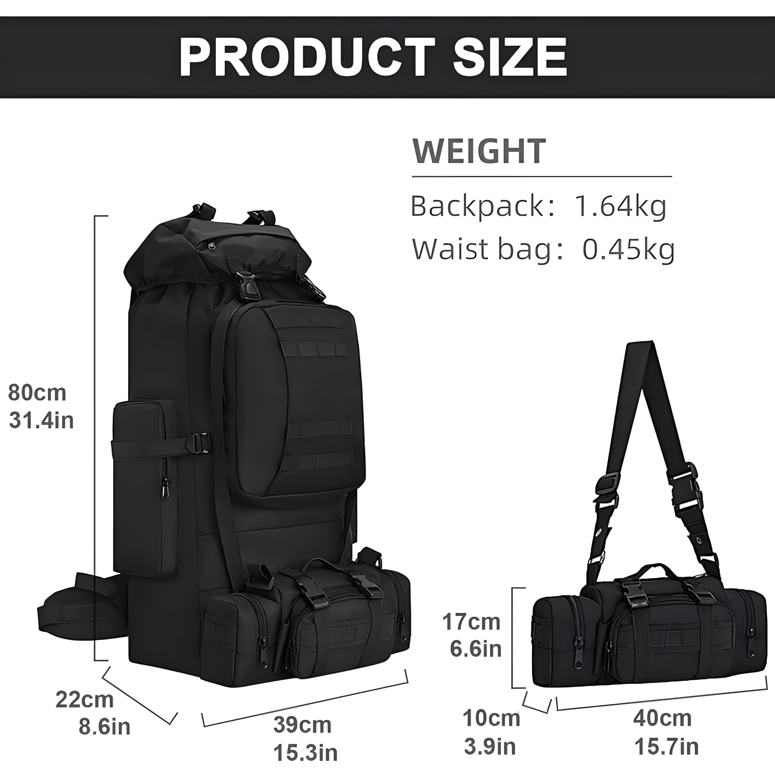 Al aire libre Mochila de senderismo de 100 l Mochila Táctica Militar Camuflaje Molle Mochilas de Marcha Ligero Impermeable Gran capacidad Bolso de Viaje para Senderismo Acampada, Montañismo, Caza