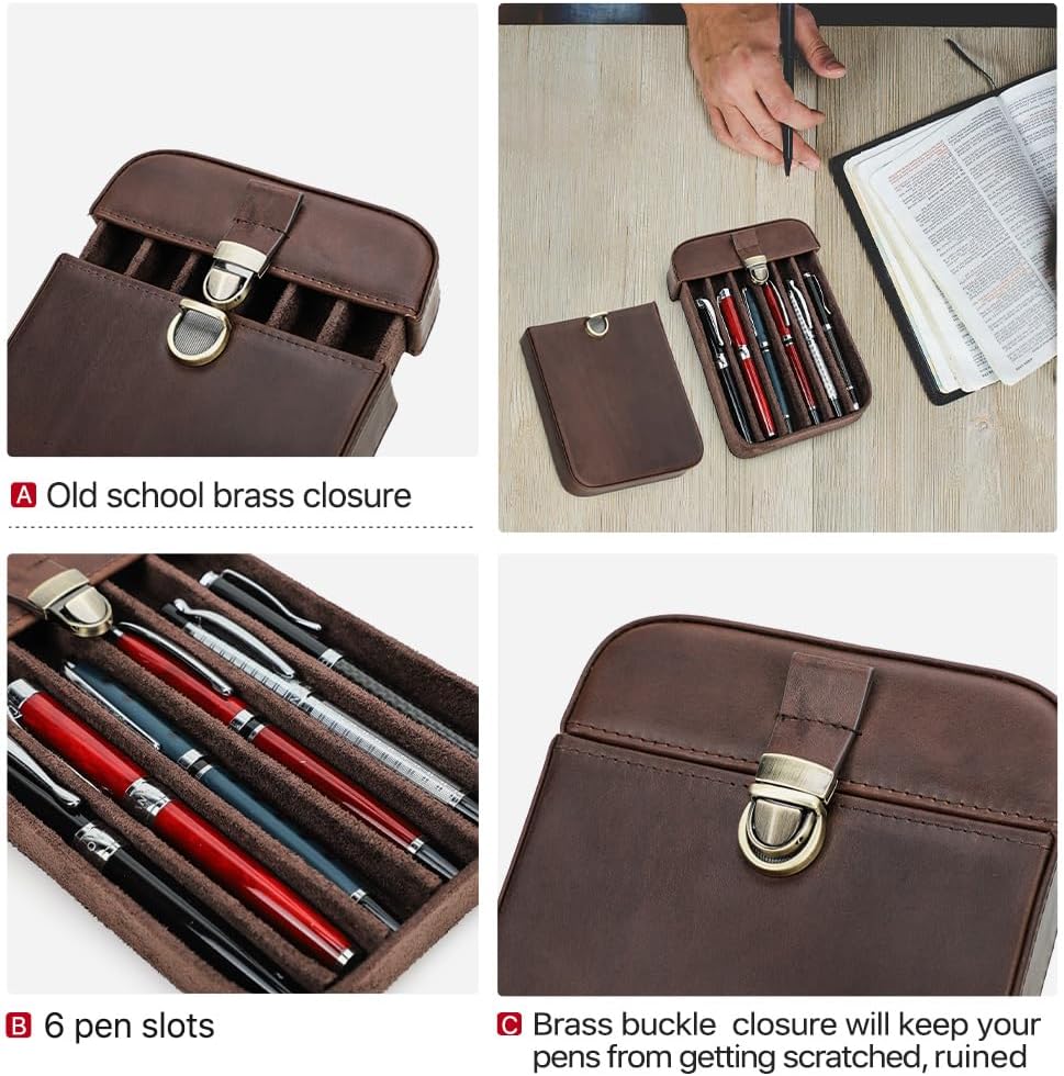 CONTACTS Full Grain Leather 6 Slot Pen Case Fountain Pens Holder Travel Pencil Case by Handmade Vintage Tray Design with Push Lock