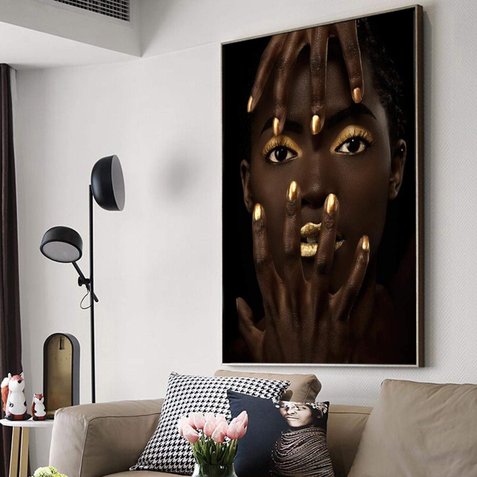 Yanyan Art Poster und Drucke, Wandkunst, Leinwand, Gemälde, dunkelhäutiges Mädchen mit goldenem Make-up, Porträt, Kunstbild, Wohnzimmer, Heimdekoration, 70 x 90 cm (28 x 35 Zoll) Innenrahmen