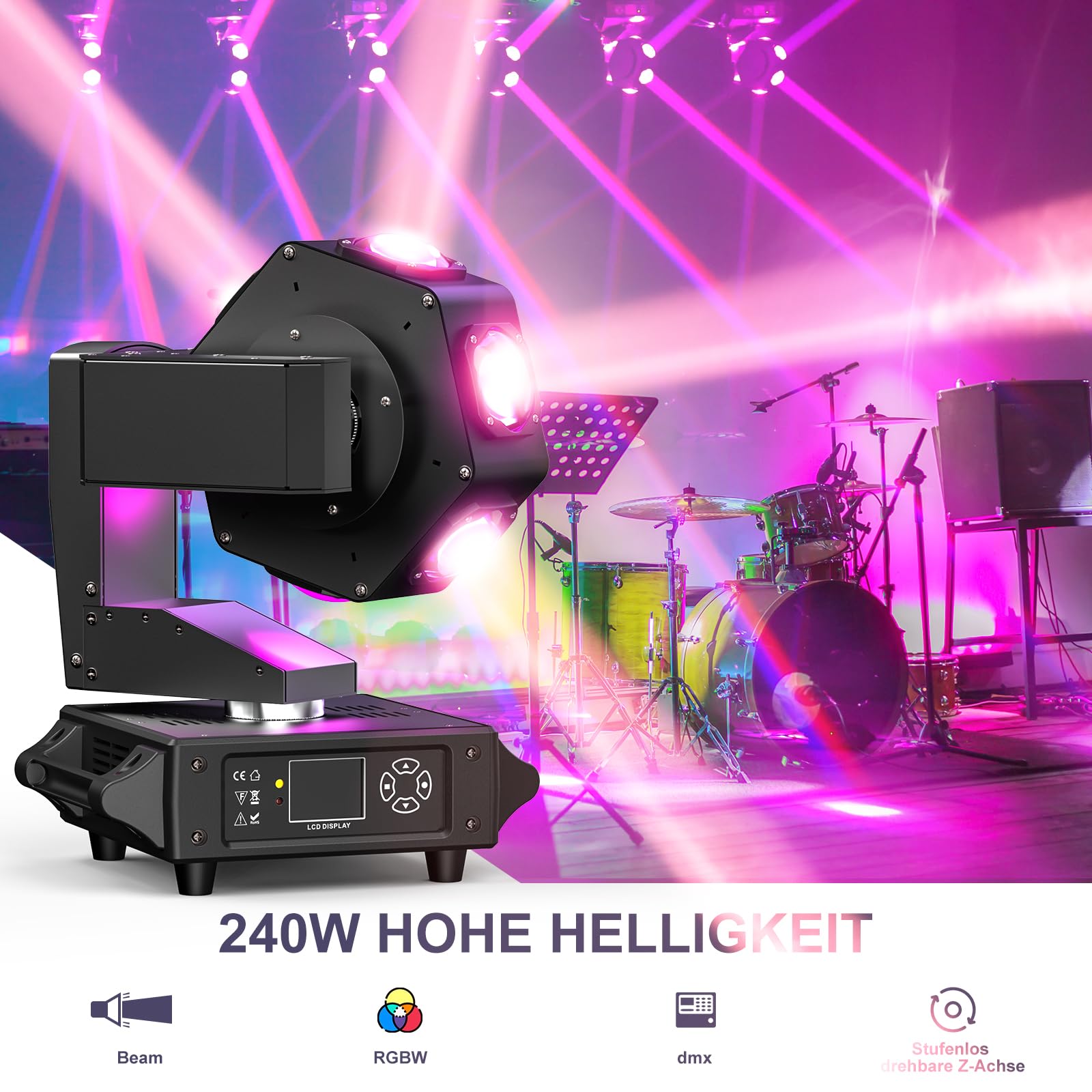 Moving Head Led 240W Discolicht Strobo-Effekt Partylicht 360°rotation continue Achse stufenlos drehbar Bühnenlicht für Familie Die Party Klub Hochzeit Geburtstag Nachtclub Bühnenbeleuchtung