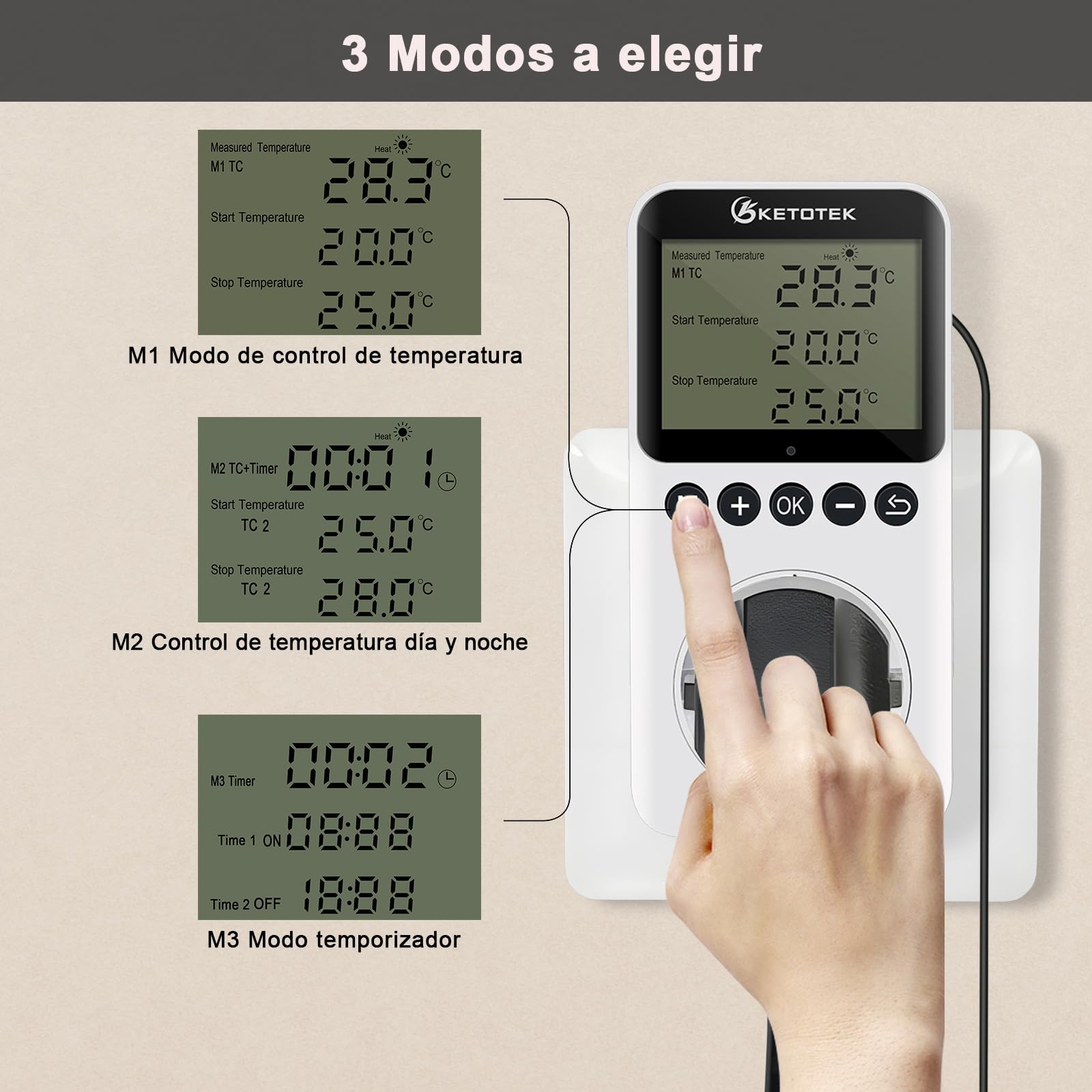 KETOTEK Digital Termostato Enchufe Dia Noche Controlador de Temperatura con Sonda, Enchufe Termostato Temporizador para Reptil Terrario Invernadero Refrigerador 220V, Blanco