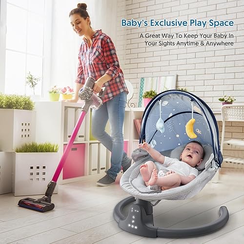Miniatura 9 de Columpio de bebé Bluetooth para bebés, columpio compacto y portátil, 3 posiciones de asiento, 5 velocidades de columpio, 10 música, control remoto,