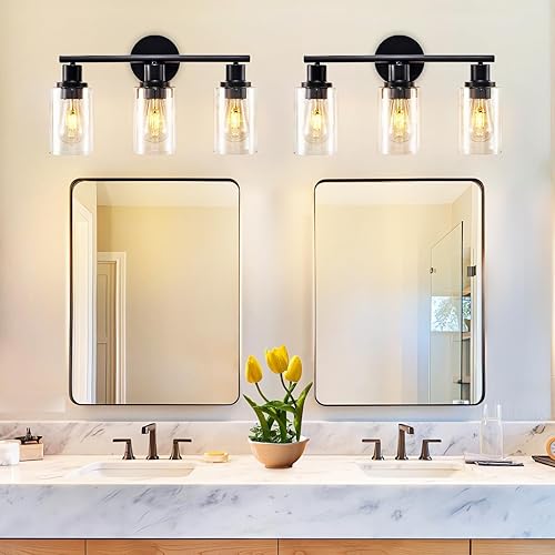 Miniatura 7 de DLLT - Lámpara de baño de 3 lámparas luces negras modernas con 3 bombillas E26, lámpara de pared de baño con pantalla de vidrio transparente para