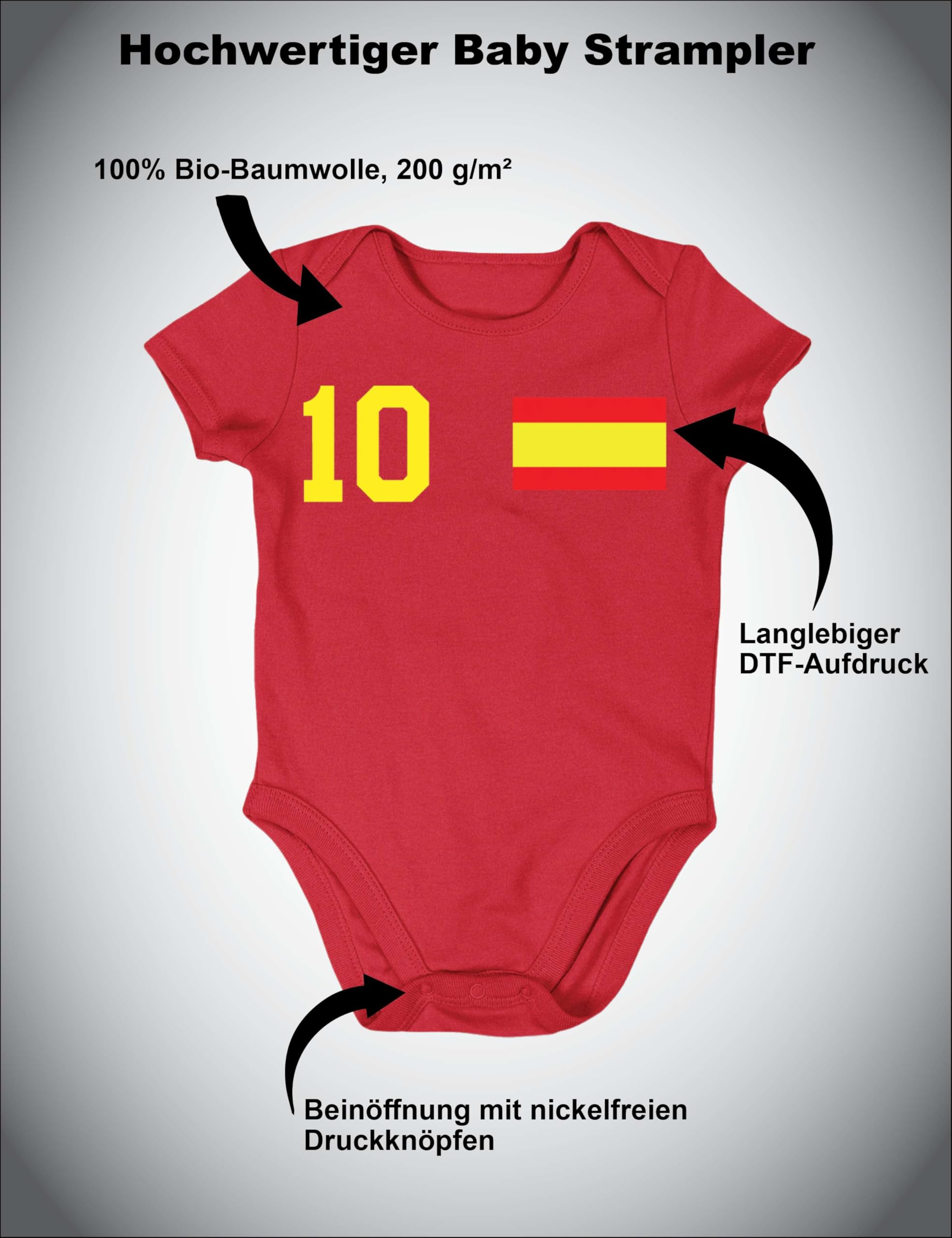Kinder Baby Strampler Shirt Spanien Wunschname + Nummer