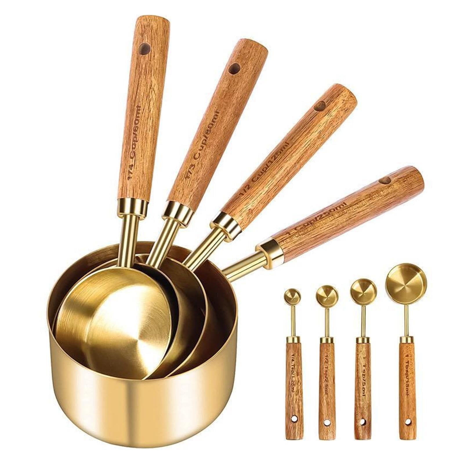 4/8pcs Tasses et cuillères doseuses, manche en bois inox