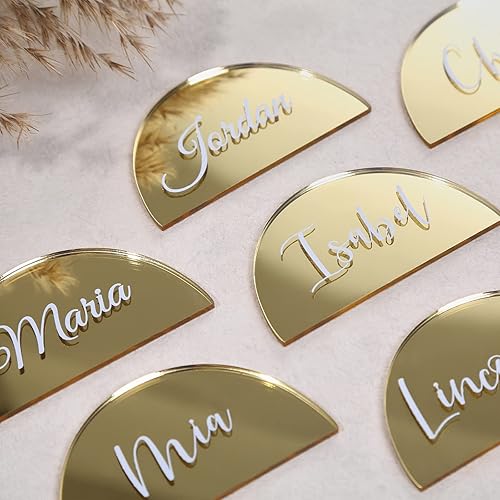 UNIQOOO 20 tarjetas de acrílico de medio círculo con espejo dorado de 3.5 x 2 pulgadas, para bricolaje, tarjetas de lugar de acrílico semicírculo,