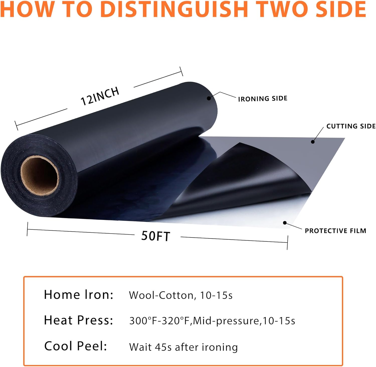 RENLITONG Black Iron on Vinyl 12Inch by 50ft Roll Heat Transfer Vinyl for T-Shirt Black HTV Rolls for All Cutter Machine - Easy to Cut & Weed for Heat Transfer Design