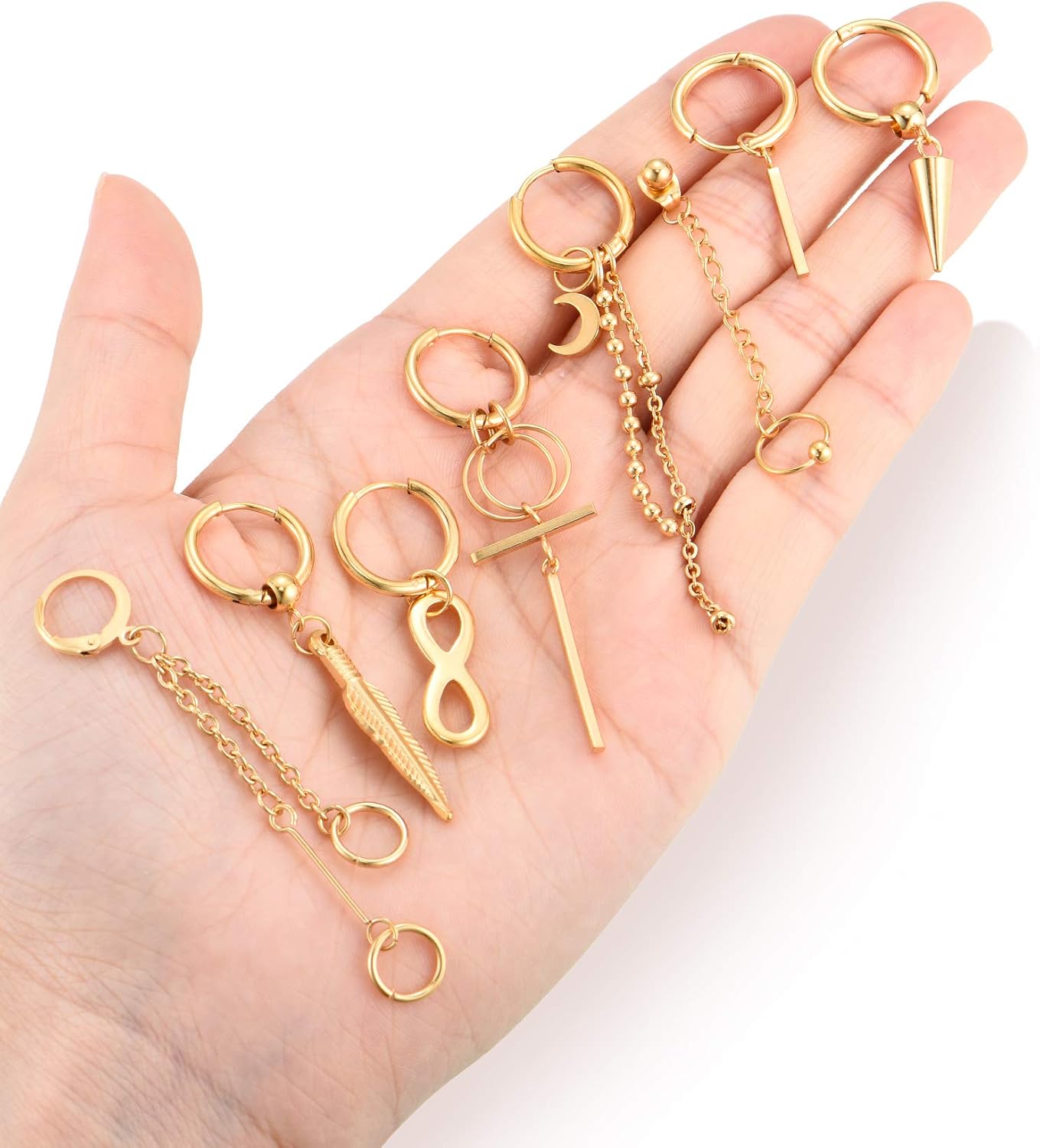 Hicarer 12 Pieces Dangle Earrings for Men Stainless Steel Hoop Dangling Earring for Men Women Feather Hinged Long Chain