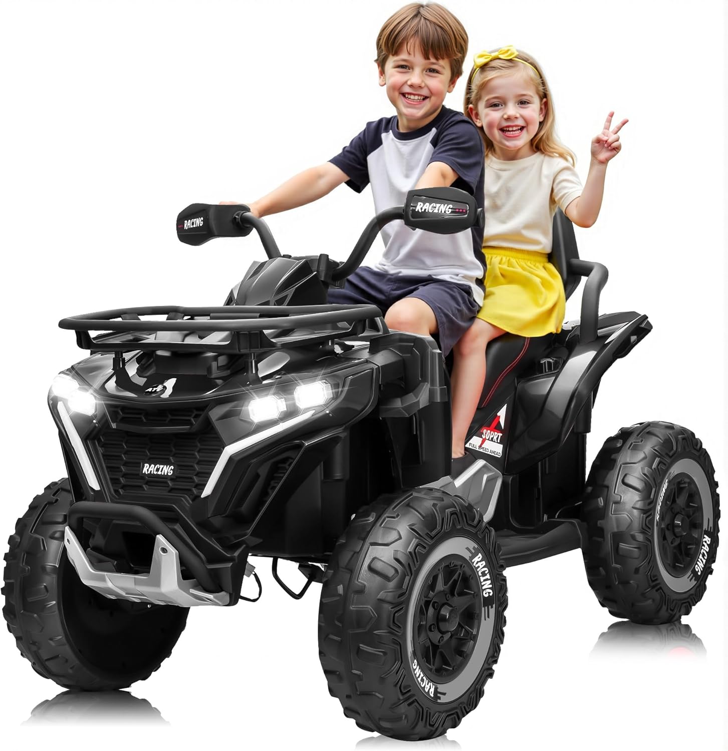 24V Ride on Car, Kids ATV XL Four Wheeler w/EVA Tires, 19-Inch Leather 2 Seater, 800W Motors, Remote Control, Knee Pads, Flower, 24 Volt Ride on Toys Quad for Big Kids, Black