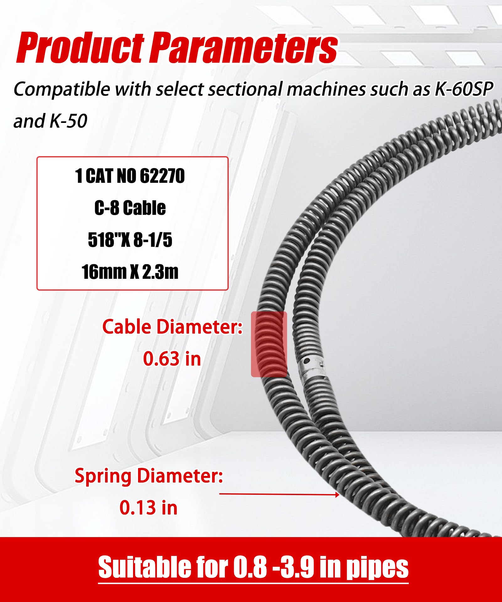 5/8 Inch C-8 Drain Snake Cable Fits For Ridgid Sectional Machines Such As K-60SP and K-50,Replace 62270 Drain Cleaning Cables