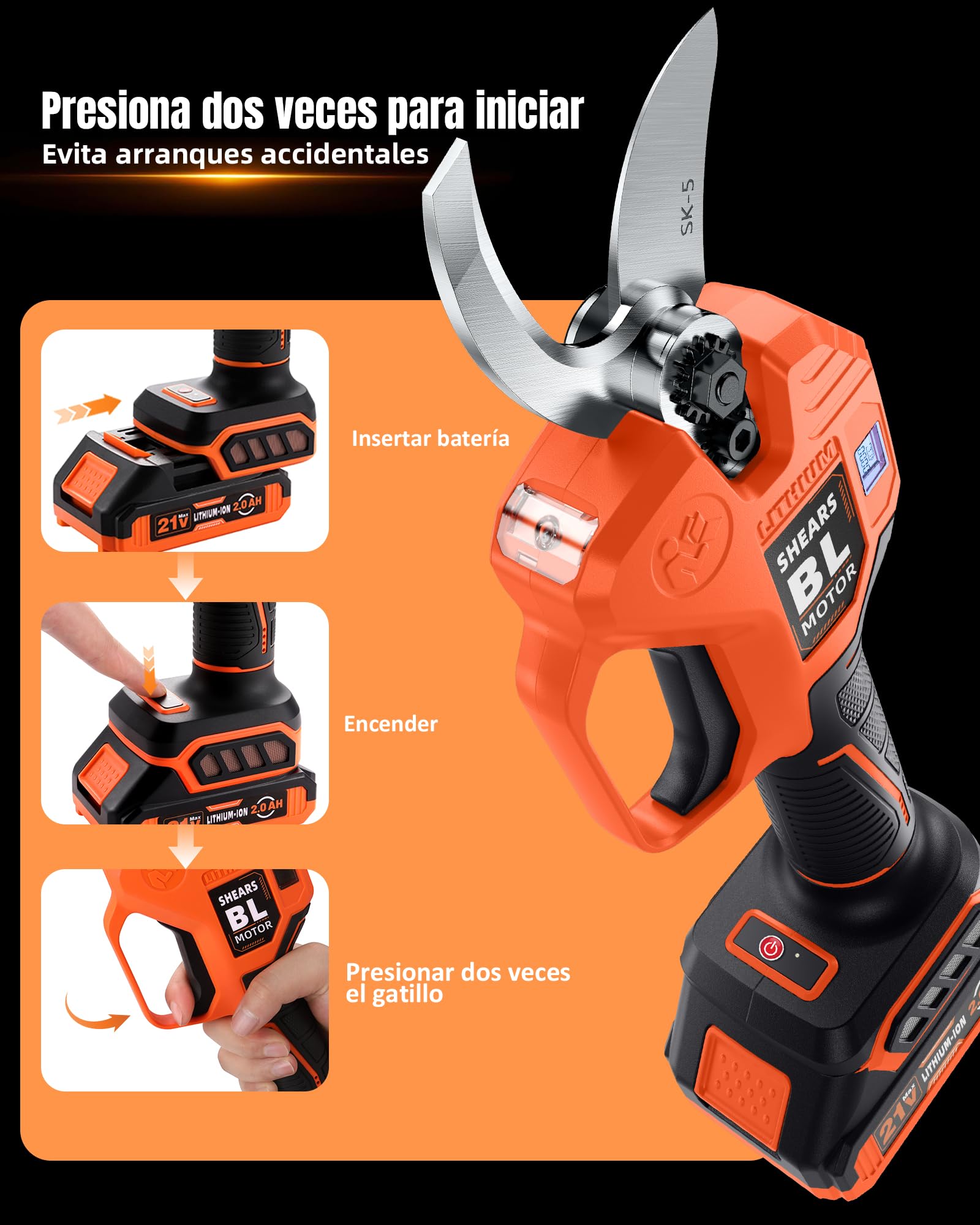 Tijeras de Podar Electricas 40mm con 2 Baterías 2,0 Ah, Motor Brushless 600W, Hoja SK5, Pantalla LED, Doble Seguridad, Mayor Autonomía para Trabajo Continuo Profesionales Eléctricas Tesoura