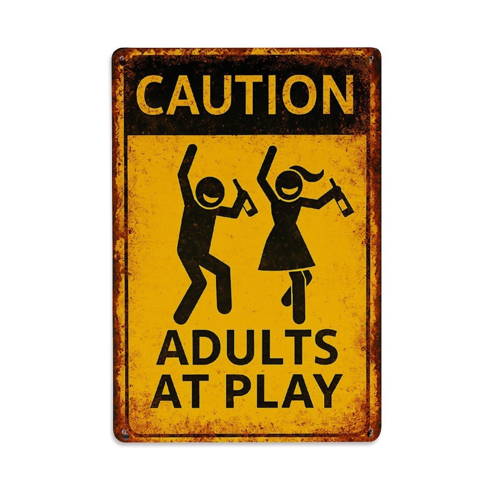 Caution Adults At Play Sign Retro Metal Tin Sign, Vintage Metal Poster for home, Gaming Room, Studio Workshop,Bar,Garage Wall Art Decor 8x12 Inch