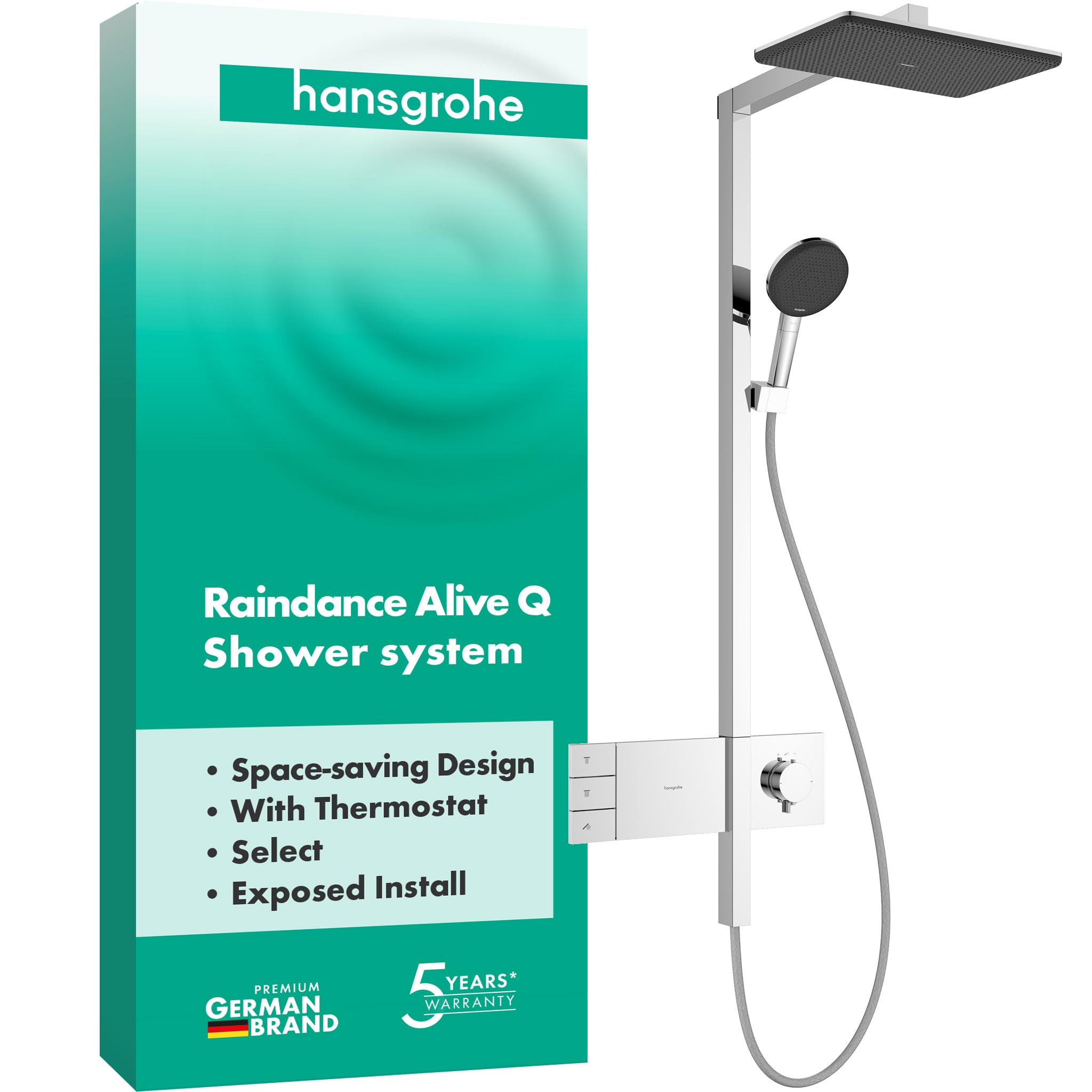 hansgrohe Raindance Alive Q - Duschsystem mit Thermostat, Regendusche (340 x 210 mm) mit Armatur, Handbrause, Schlauch, Brausestange und Kopfbrause (2 Strahlarten), Chrom, 24590000