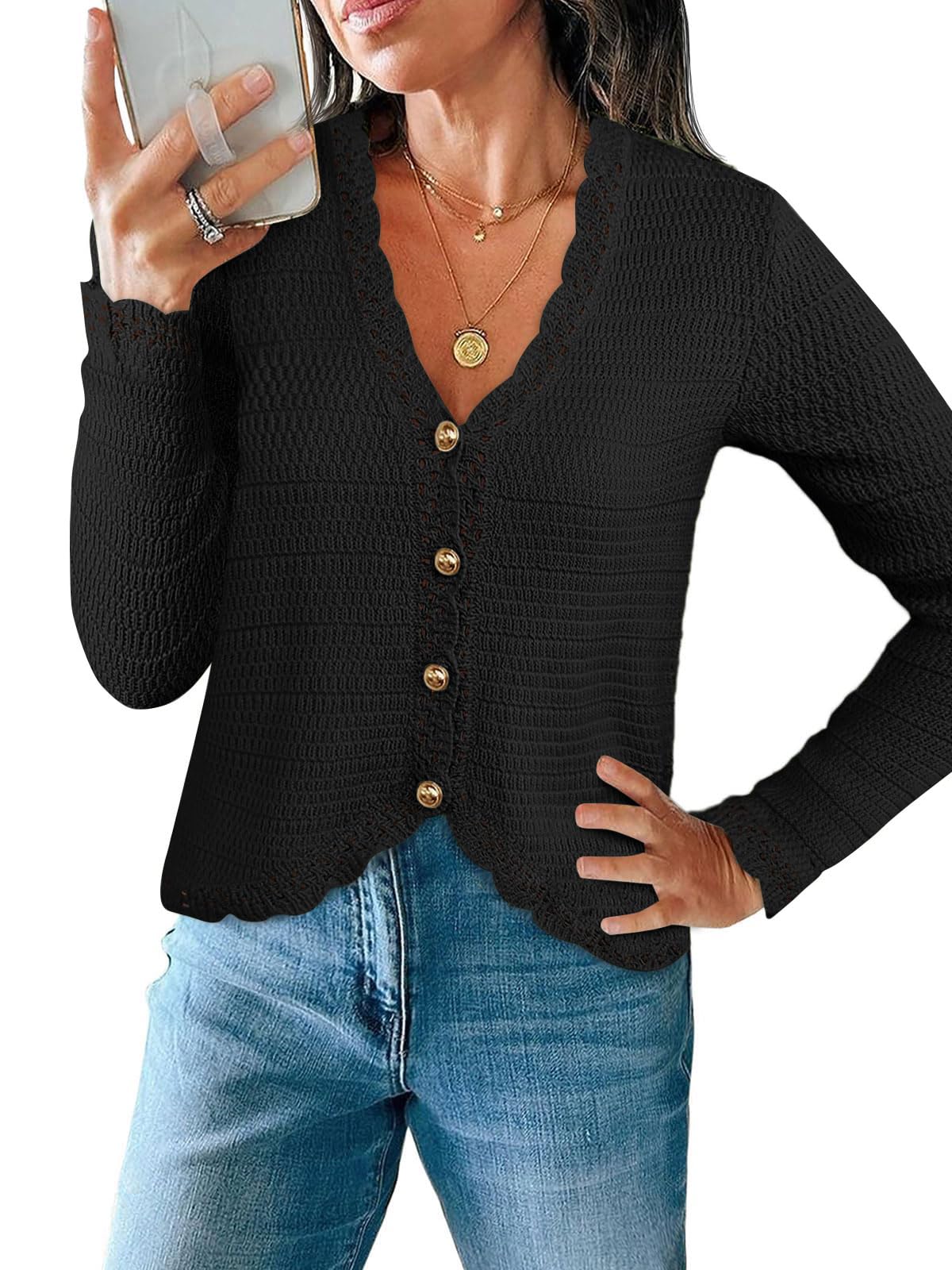 Womens Cardigan Sweaters Trendy Cropped Button Up Long Sleeve V Neck Loose Boho Casual Knit Tops Fall Outfits