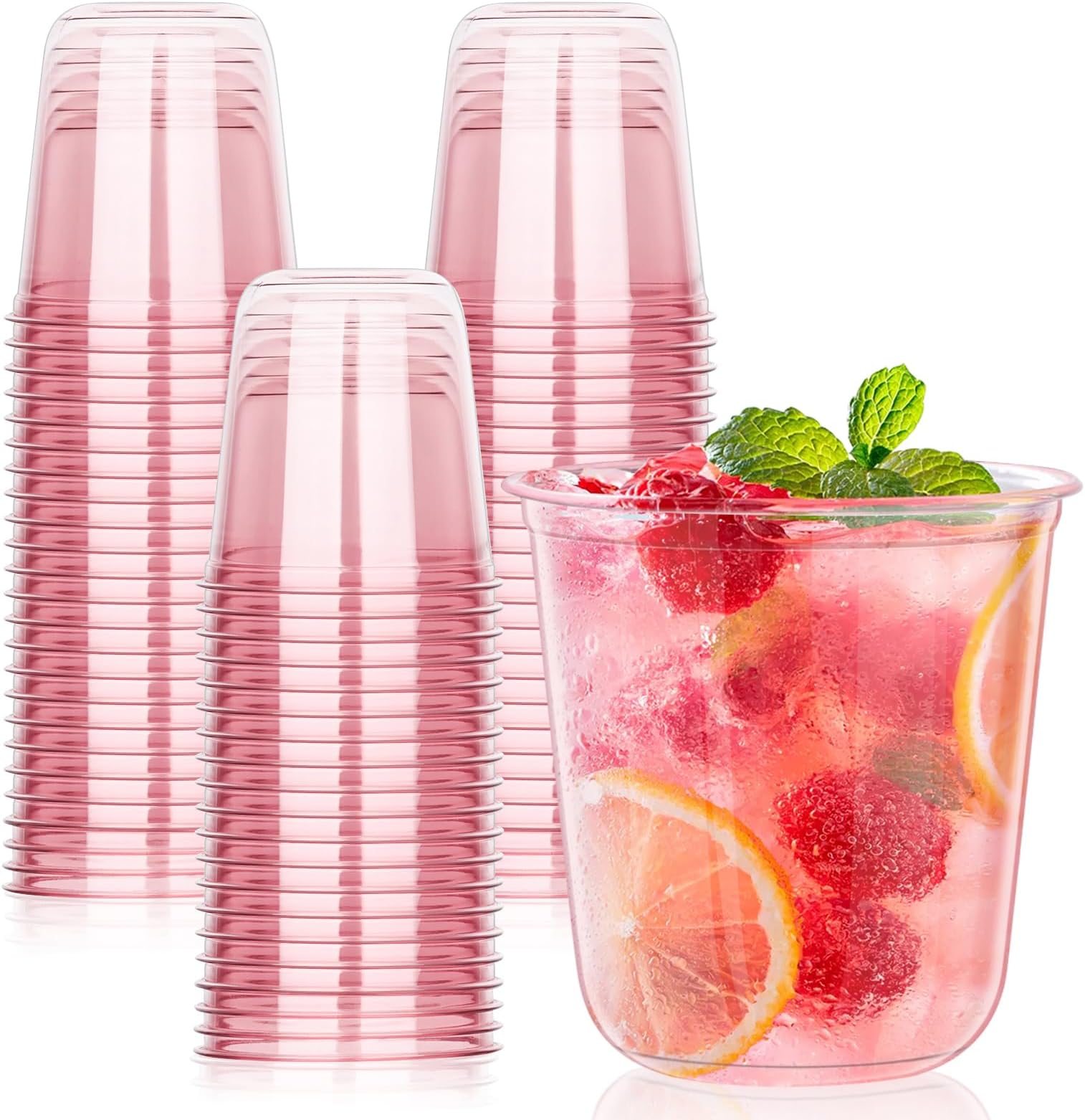 KesaPlan 50 Pcs Pink Plastic Cups, 12oz Disposable Stemless Wine Glasses for Cocktail Cute Clear Cocktail Wine Glasses Pink Party Cups for Valentine's Galentine's Day Wedding Christmas Party