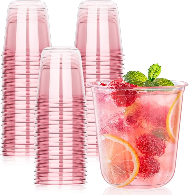 KesaPlan 50Pcs 12oz Pink Plastic Party Cups, Disposable Wine Cocktail Cups | Cute Clear Stemless Glass, Round Bottom PET Cold Drink Cups for Valentine's Galentine's Day Wedding Christmas Bridal Shower