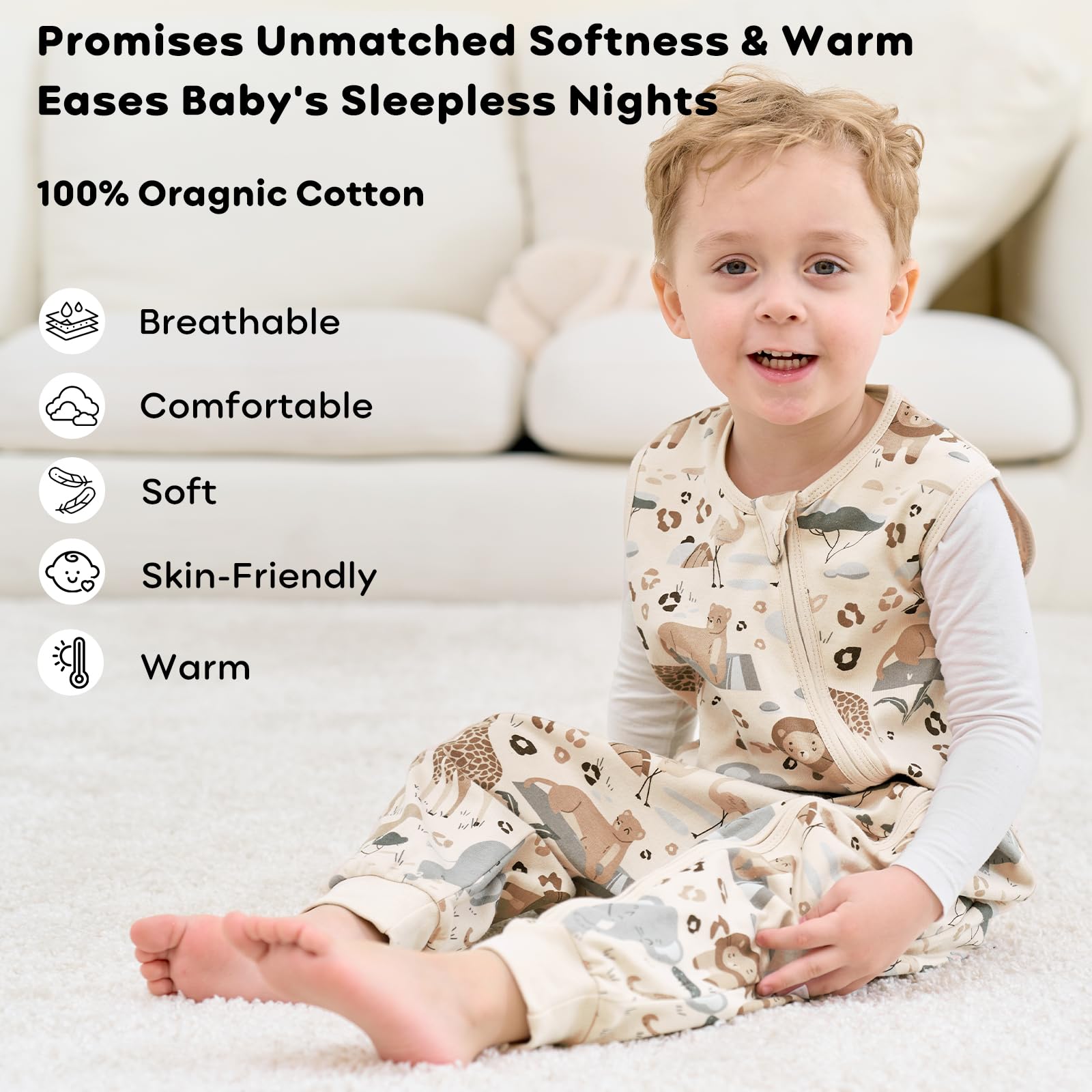 Unnivoll Sacco nanna con piedi, 0,5 Tog, sacco nanna estivo per bambini, in cotone, con gambe, morbido, 100 cm, per ragazzi e ragazze, beige, grigio, elefanti