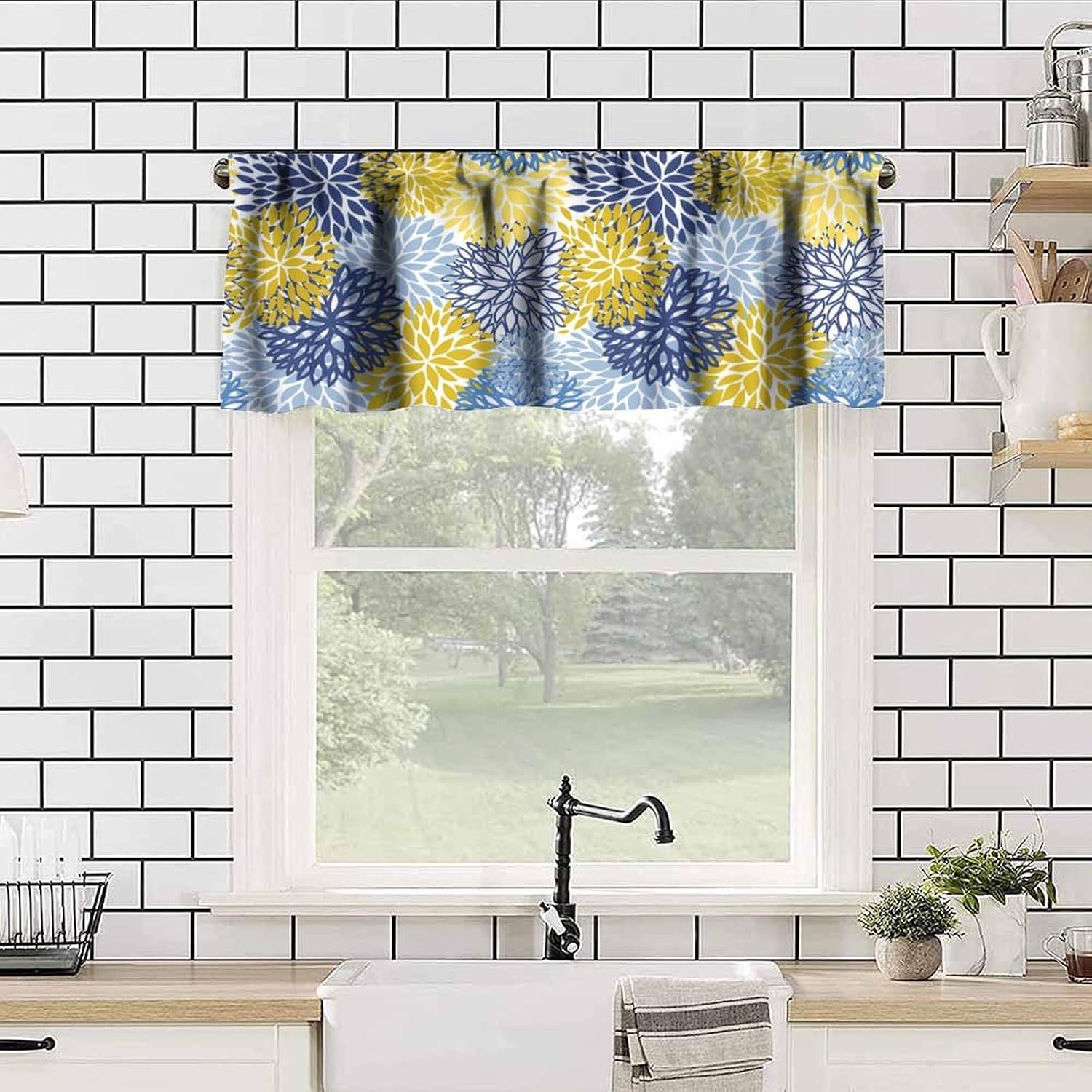 YCness Blue Yellow Floral Curtain Valances for Kitchen Window, Boho Dahlia Flowers Rod Pocket Valance Windows Treatments Farmhouse Short Toppers Curtains 54x18 Inch 1 Panel