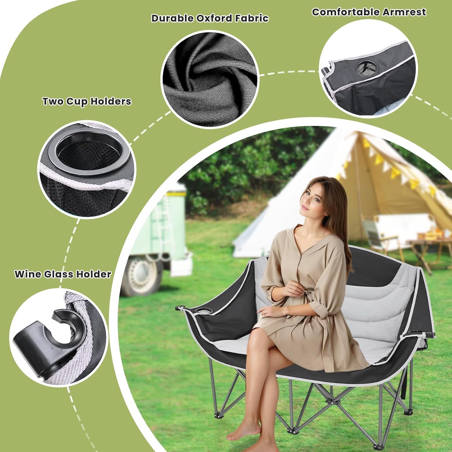 MAPPLE CREATION Double Camping Chair for Adults, 2 Person Folding Loveseat Outdoor Chair with Cup Holders & Carry Bag, Heavy Duty Portable Camping Sofa for Beach, Picnic, Garden & Travel (JK-B11) 2