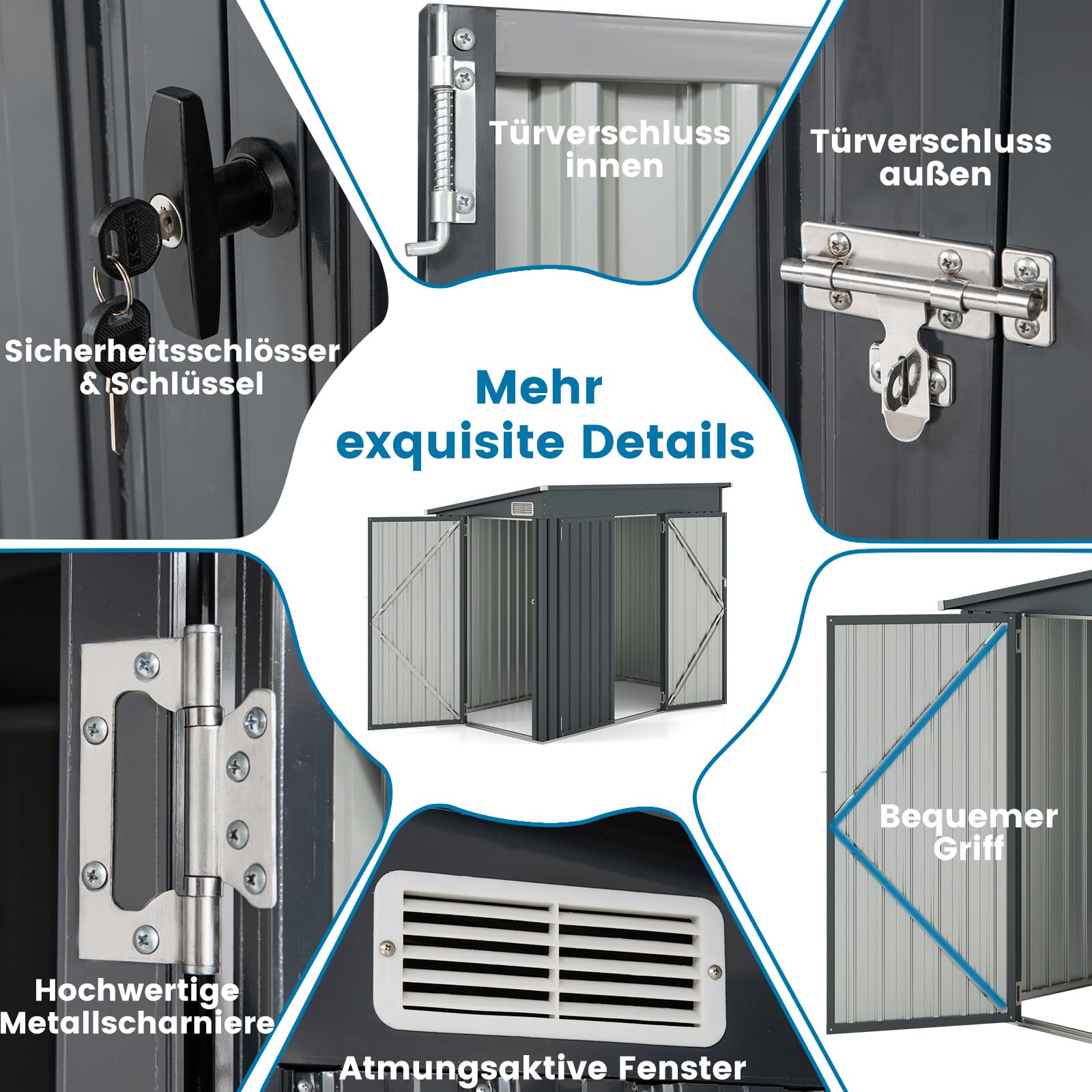 COSTWAY Gartenhaus Metall, 235 x 117 x 185 cm, Gerätehaus mit Vordertür & Seitentür & Pultdach, Geräteschuppen abschließbar, Gartenhütte Gartenschuppen, Garten Schuppen Outdoor (Dunkelgrau)