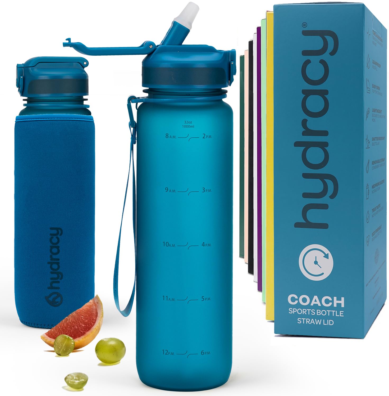 Hydracy Water Bottle with Times to Drink & Straw - Large 32 Oz BPA Free Motivational Water Bottle & No Sweat Sleeve -Leak Proof Gym Bottle with Time Marker - Ideal Gift for Fitness, Sports & Outdoors