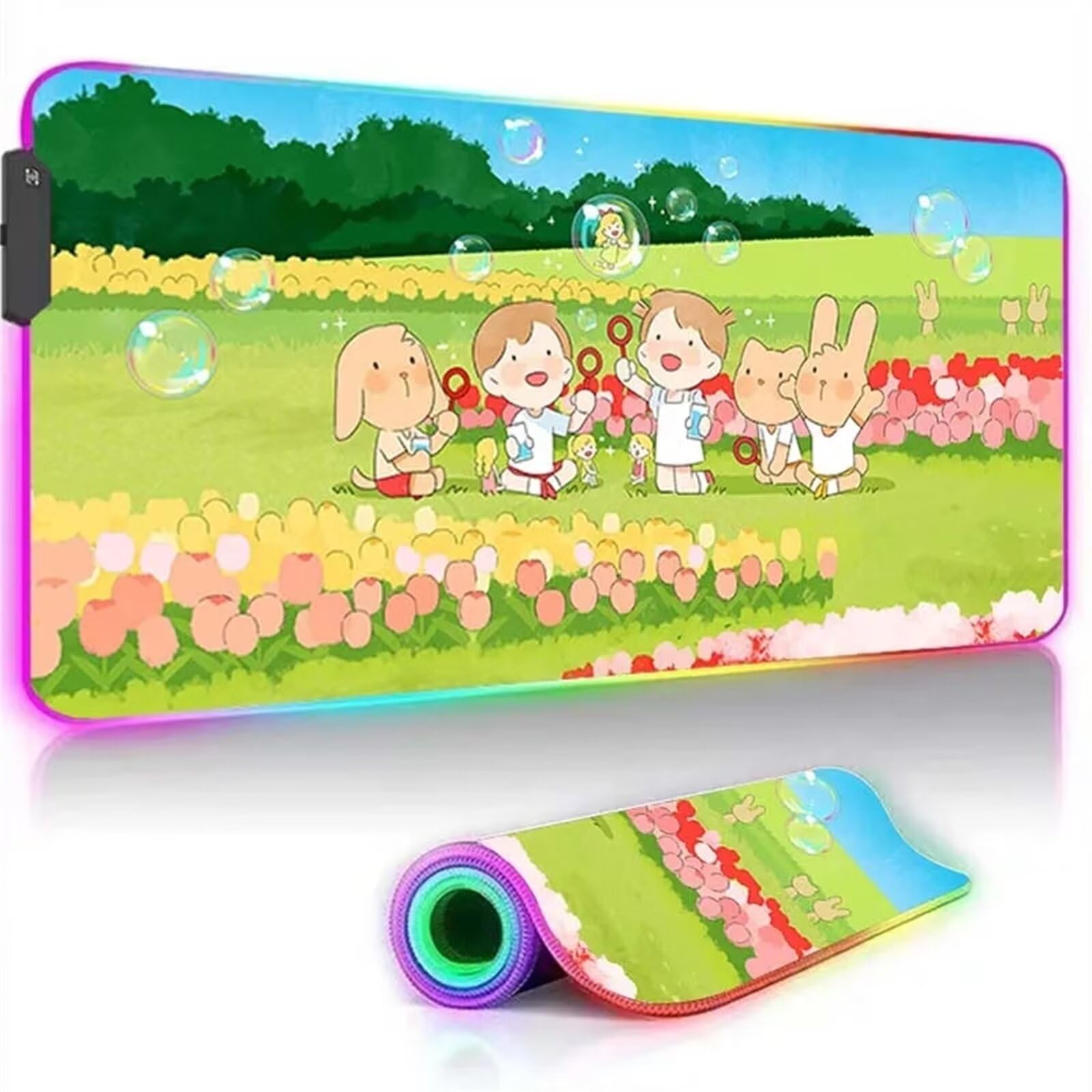 Lindo Caricatura RGB Alfombrilla de ratón para Juegos 900x400x4mm Alfombrilla Ratón Grande Alfombrilla de Escritorio LED con Base de Goma Antideslizante para Gamers PC y Portátil