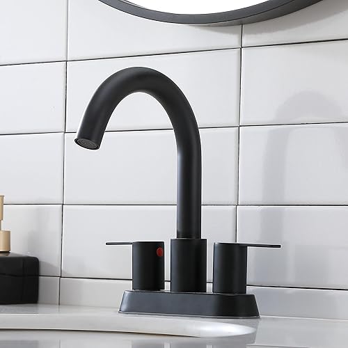 Miniatura 5 de Friho Modernos grifos de baño de 3 agujeros, color negro mate, 4 pulgadas, 2 asas, juego central, grifo de lavabo de baño, boquilla giratoria de 360