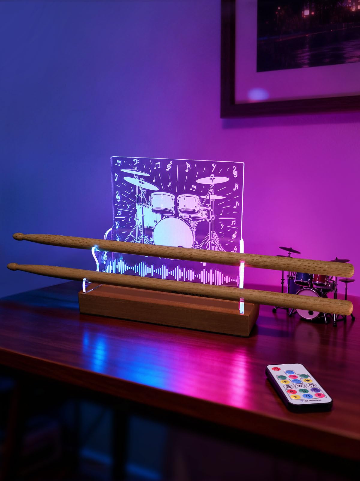 CoolGift Mart Support de baguettes de batterie lumineux pour présentation et collections, cadeau de batterie pour hommes, femmes, garçons, filles, batteurs, anniversaire, Noël, accessoires de batterie
