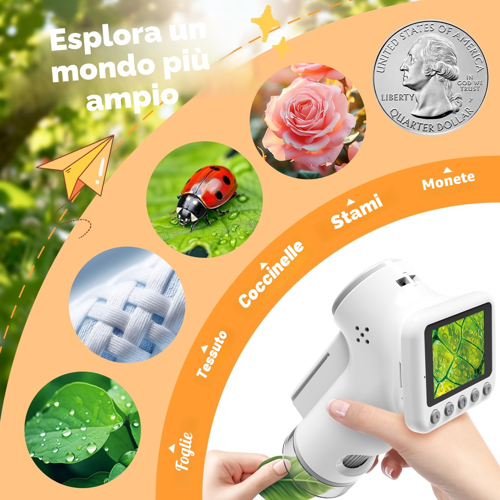 1600X Microscopio bambini, Microscopio Digitale da 2.0" Microscope Elettronico Portatile con 6 luci LED Regolabili e Vetrini, Adatto come regalo di Natale, Capodannodai 3-14 anni