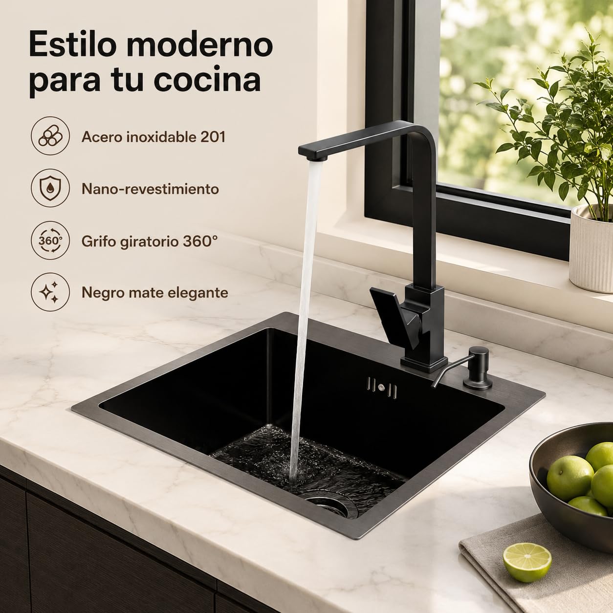 Fregadero de cocina negro de 45 x 40 cm, juego de fregadero con grifo, incluye escurridor y dispensador de jabón, grifo giratorio 360°, color negro mate, acero inoxidable 201
