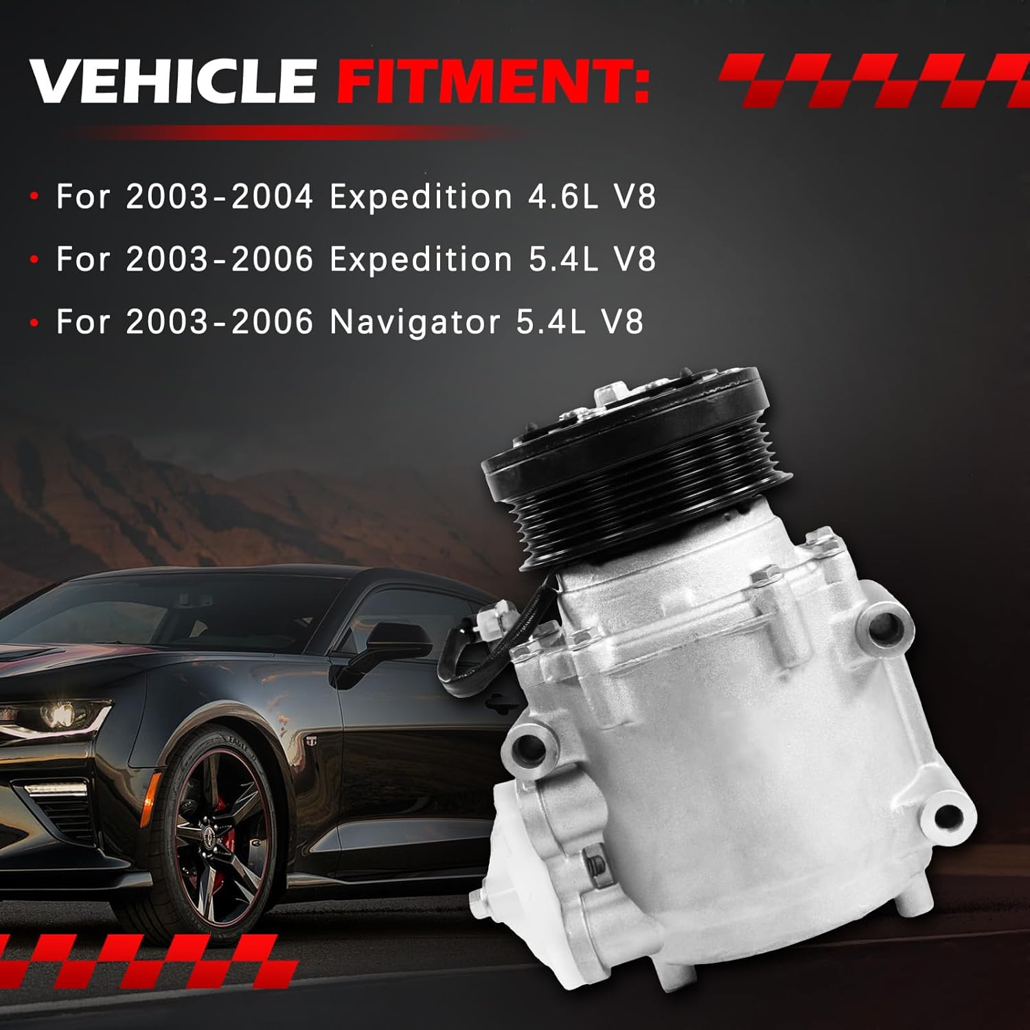 AC Compressor Fit for for 2003-2004 Expedition 4.6L, 2003-2006 Expedition 5.4L, 2003-2006 Navigator 5.4L, Air Condition Compressor with Clutch Replace for 5W1Z19V703AA, 6511483, YCC168