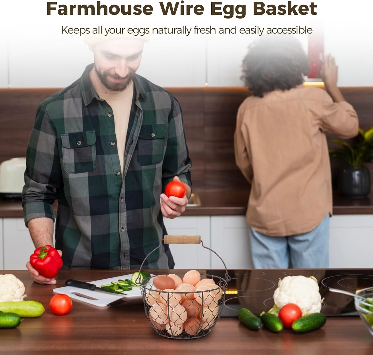 2 Pcs Wire Egg Baskets, Farmhouse Chicken Egg Collecting Baskets, Rustic Metal Egg Storages with Wooden Handle, Stackable Fresh Holders for Fruits, Vegetables, Sundries