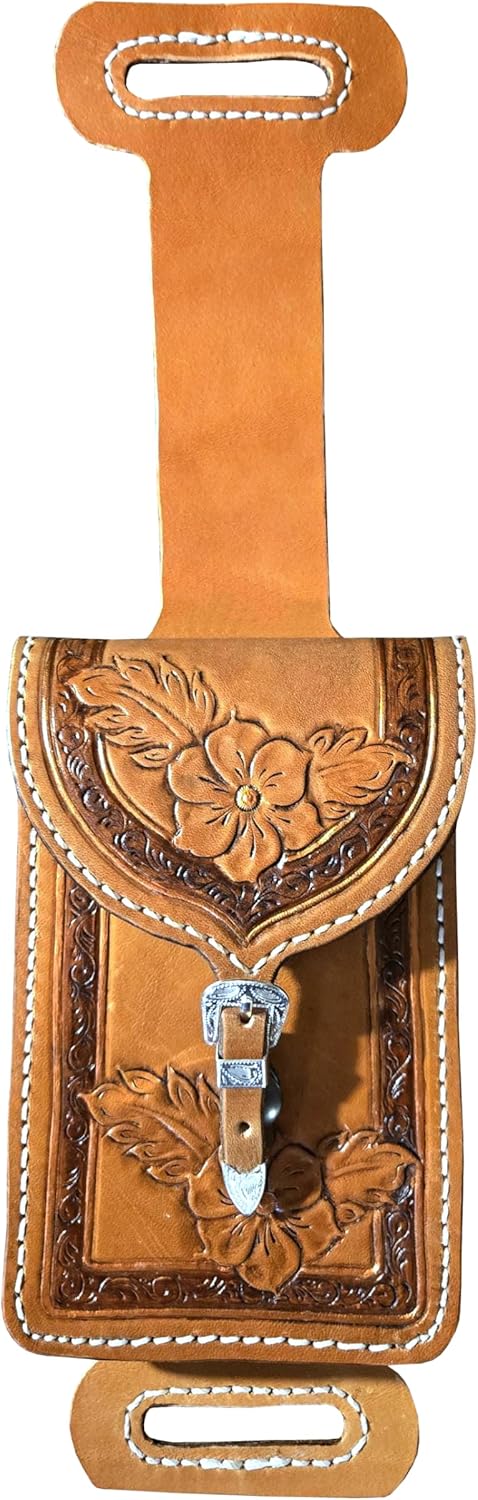 Western Saddle Cinch Leather Phone Holder – Handmade Cowboy Cell Phone Pouch with Basketweave Tooling, Belt & Saddle Strap Mount, Rustic Western Accessory 006