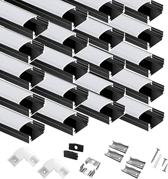 hunhun 20-Pack 6.6ft U-Shaped Black LED Aluminum Channel System with Milky Cover, End Caps, and Mounting Clips