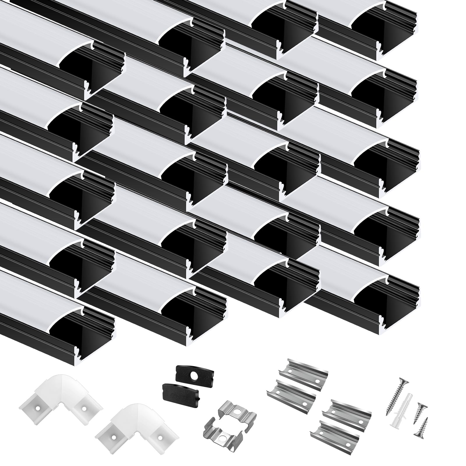 20-Pack 6.6ft/2Meter U Shape Black LED Aluminum Channel System with Milky Cover, End Caps and Mounting Clips, Aluminum Channel Profile for LED Strip Light Diffuser Installations (20pack*6.6ft)