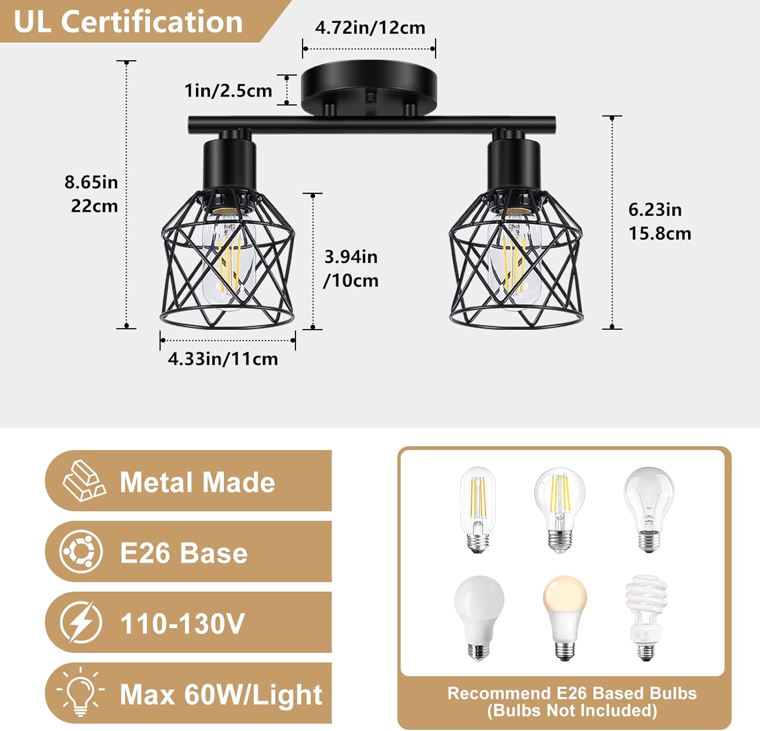 Baocuz 2-Lights Kitchen Light Fixtures Ceiling Mount, Adjustable Semi Flush Mount Ceiling Light with Metal Wire Cage, Vintage Track Spotlight Ceiling Fixtures for Dining Room, Farmhouse, Entryway