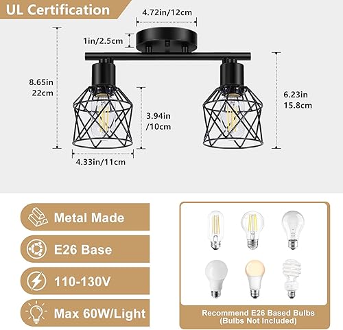 Miniatura 7 de Lámpara de techo de cocina de 2 luces, ajustable semiempotrada con jaula de alambre de metal, focos de techo vintage para comedor, granja, entrada