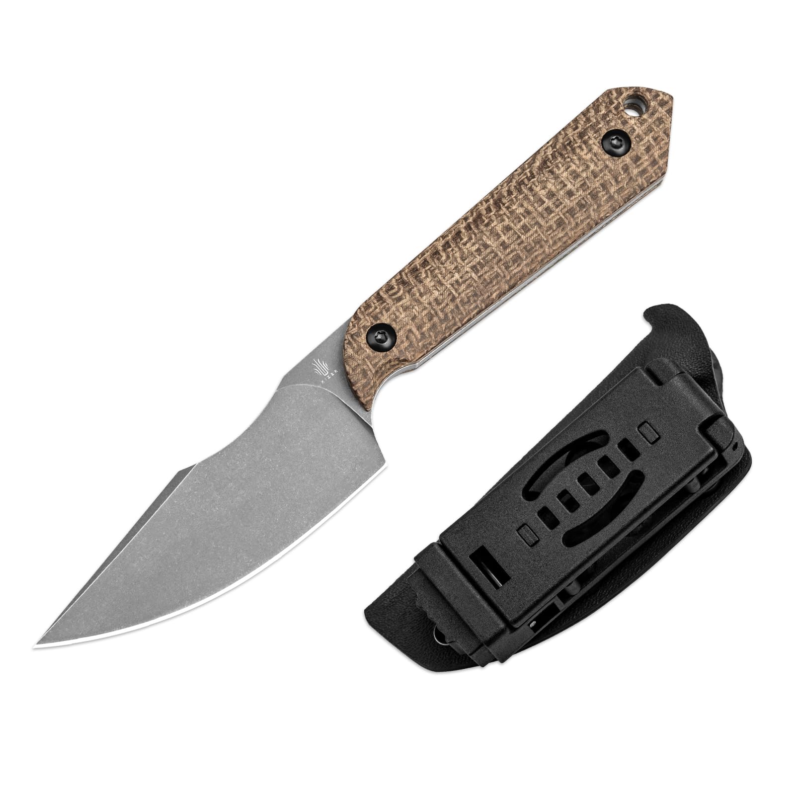 Kizer Mini Harpoon Outdoor Messer mit Scheide, Jagdmesser mit 7,62 CM 3V Feststehende Klinge und Micarta Griff, Kleines EDC Messer für Camping, Wandern, Survival 1040SM1