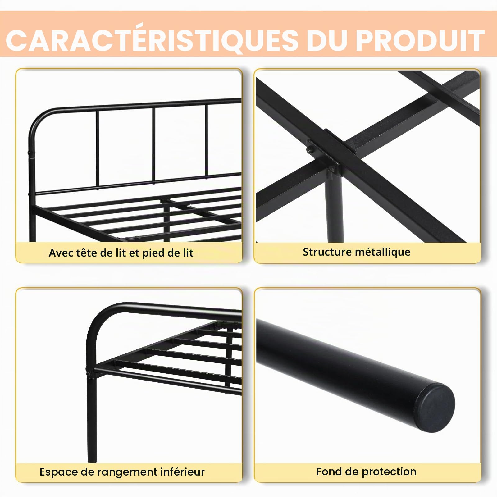 Métal Cadre de Lit Double 140x190 cm, Structure en Métal, Sommier à Lattes Robuste et Durable, avec Tête et Pied, Facile à Monter, Nombreux Rangements sous Le Lit, Noir