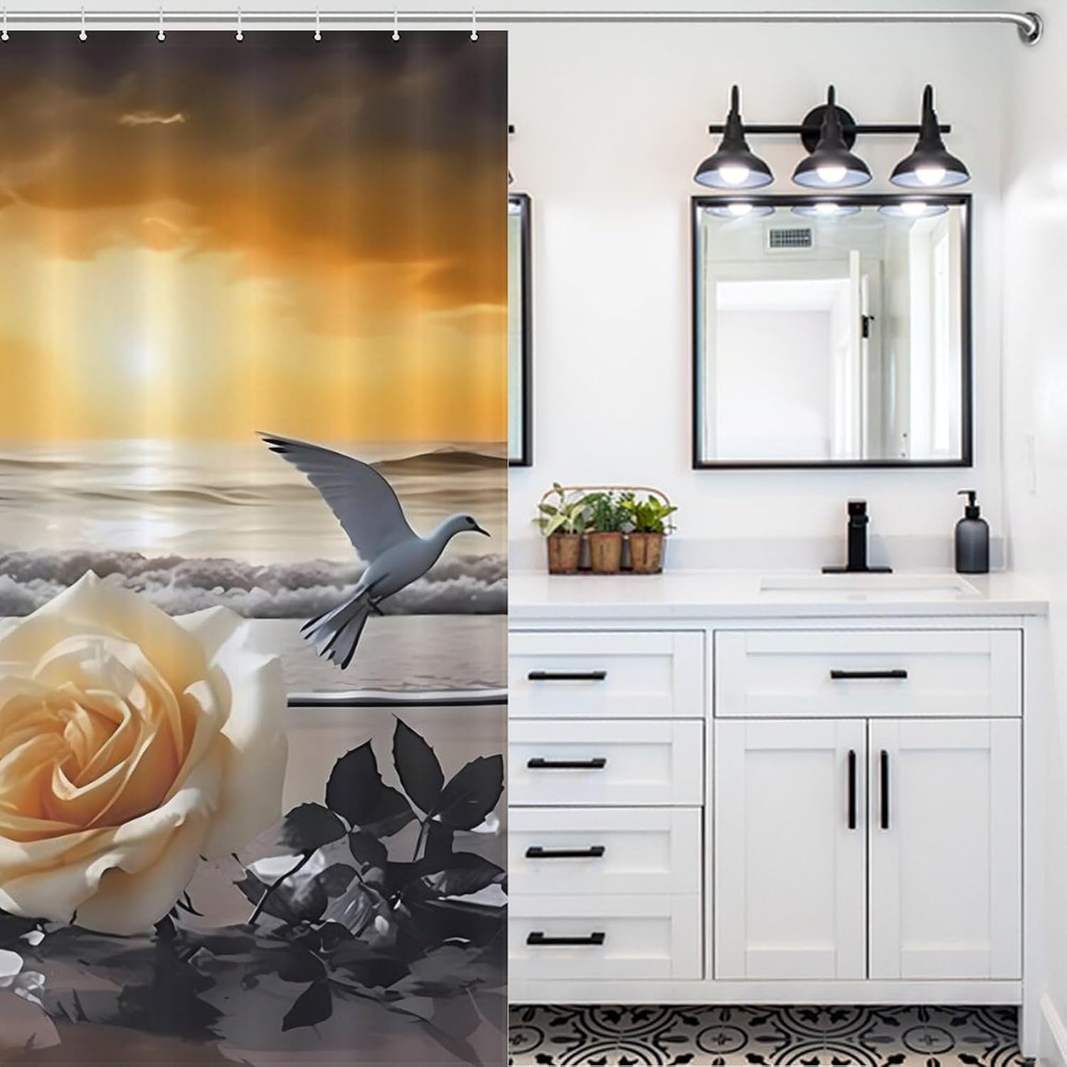 Yellow Roses Birds Ocean Funny Shower Curtains Washable Bath Curtain Liner with Hooks for Bathroom Bath Tubs