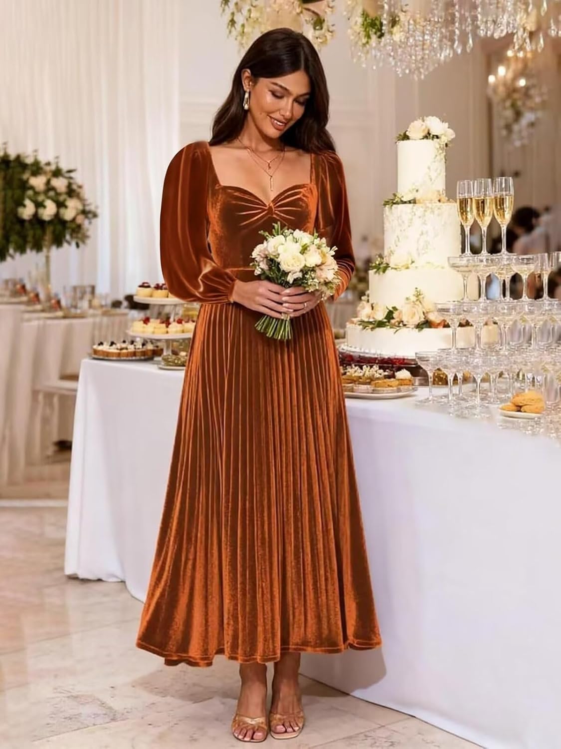 Long Sleeve Velvet Bridesmaid Dresses for Women Pleated Formal Evening Party Gown - Image 2
