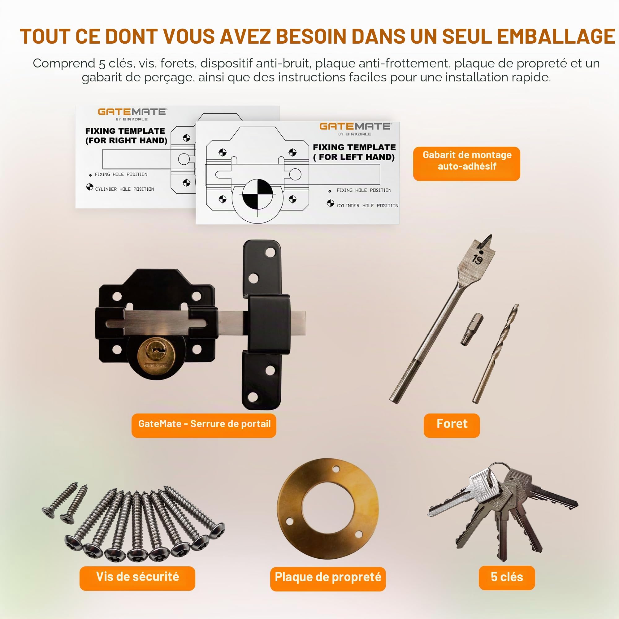 Gatemate Double verrouillage de porte avec long verrou pour portes et portails de 70 mm d'épaisseur en acier inoxydable 5 clés