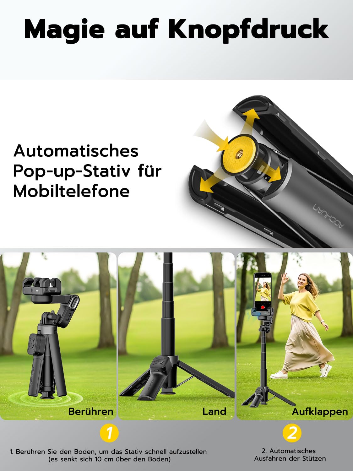 AOCHUAN M3 Pro Mini Gimbal Stabilizator do Telefonu 4w1 z AI Śledzeniem, Pilotem Magnetycznym i Selfie Stick 68,5 cm – Czarny — miniatura 3