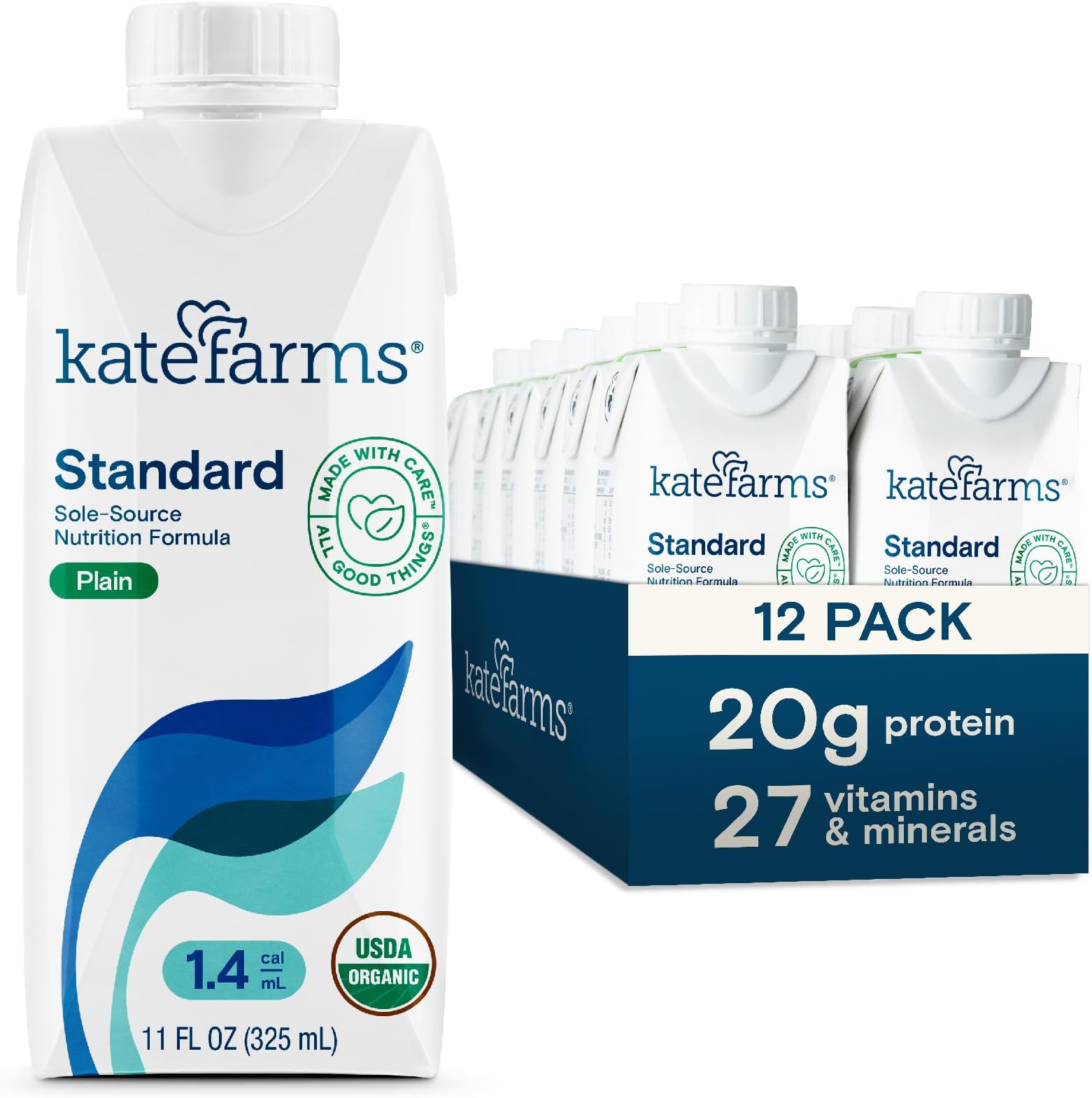 Kate Farms Adult Standard 1.4 Formula, Sole Source Nutrition, Meal-Replacement Shake or Supplemental Drink, Complete Vegan Protein Shake (Plain 1.4 cal/mL, Case of 12)