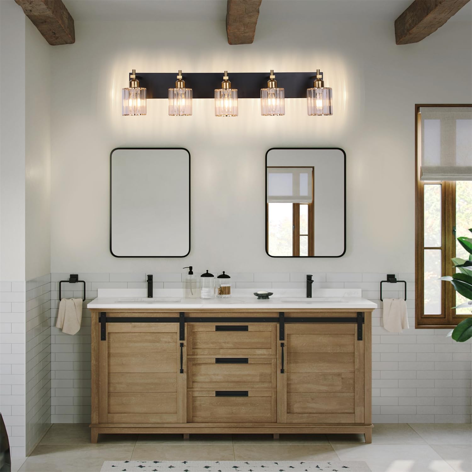 She's home 5-Light Vanity Lights for Bathroom: Black Gold Vanity Lights with Crystal Glass Shade, Modern Crystal Bathroom Light Fixtures Over Mirror, 34inch Black Gold Wall Sconce for Bath, E26 Base