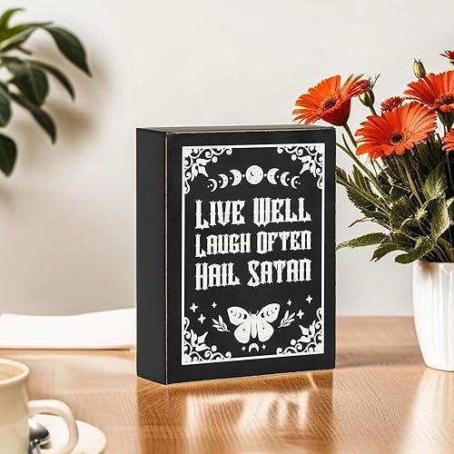 Miniatura 2 de Putuo Decor Letreros góticos de madera para decoración de habitación con refranes, Live Well Laugh Often Hail Satan, inspiradora divertida
