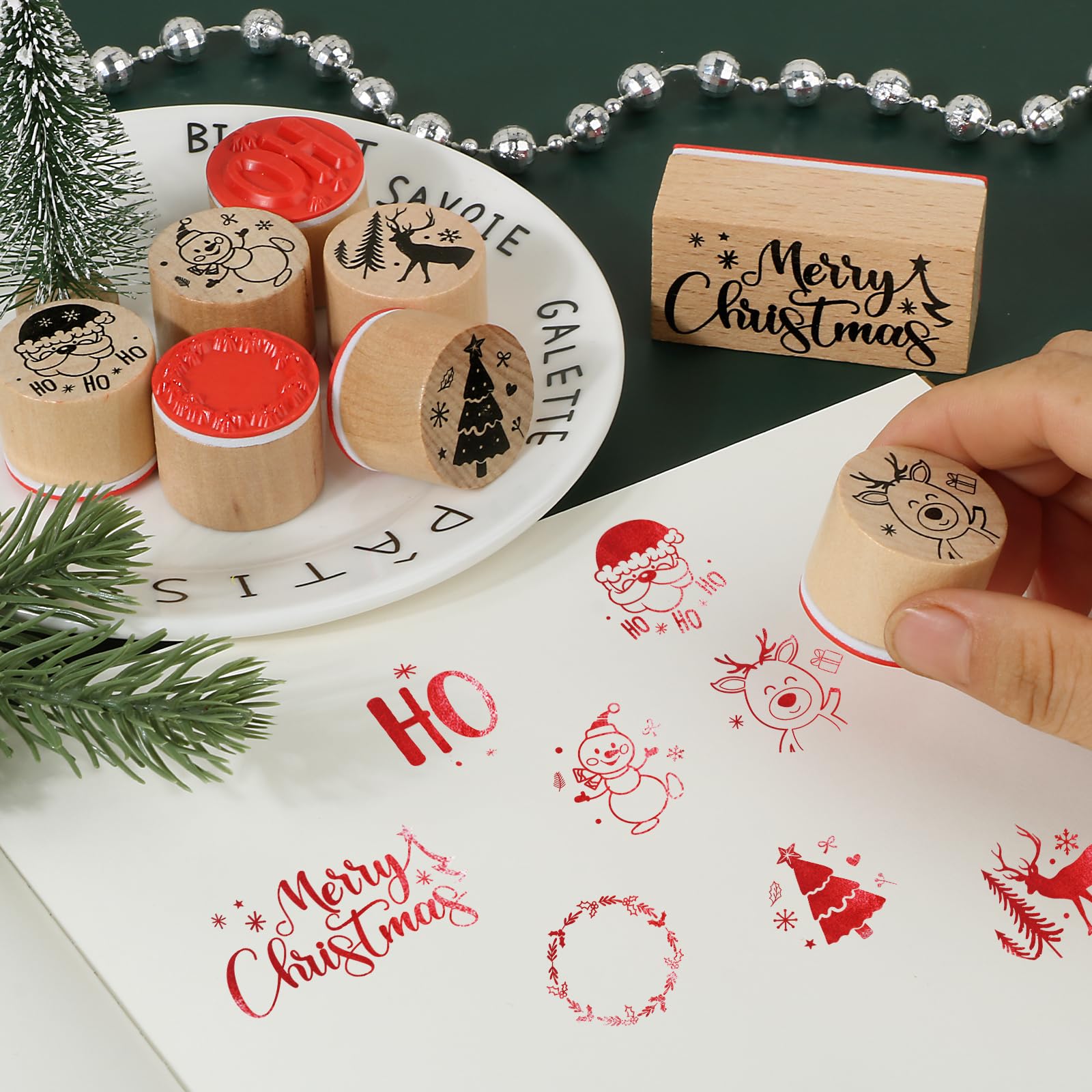 BOOMTOP 8pz Timbri Legno Natalizi Natale Renna Babbo Natale Albero di Natale Merry Christmas Timbri Natalizi in Legno per Scrapbooking