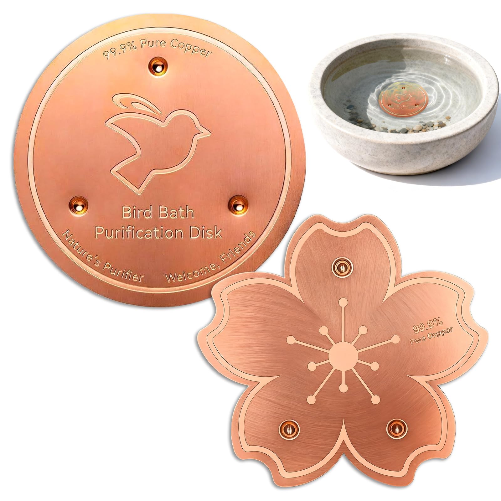 ZHUOmengyun 2 Pcs Bird Bath Copper Disk, 0.6mm 99.99% Pure Copper Cleaning Disc for Physical Safe Purification All-Season Universal Fit for Outdoor Birdbaths & Bowls to Keep Water Clean