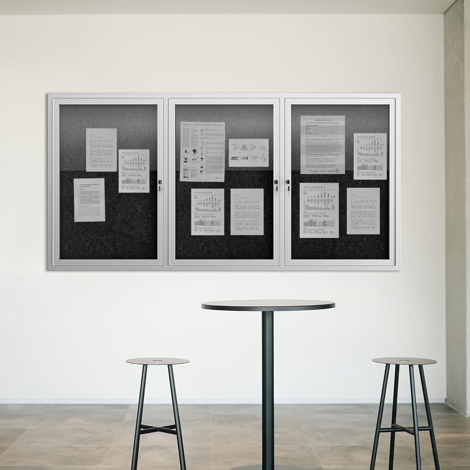 72"x36" Lockable Enclosed Bulletin Board, Outdoor Flet Weather-Resistant Aluminum Frame Notice Board, Wall Mounted Display Case Acrylic Doors for School,Office,Silver Frame w/Black Flet