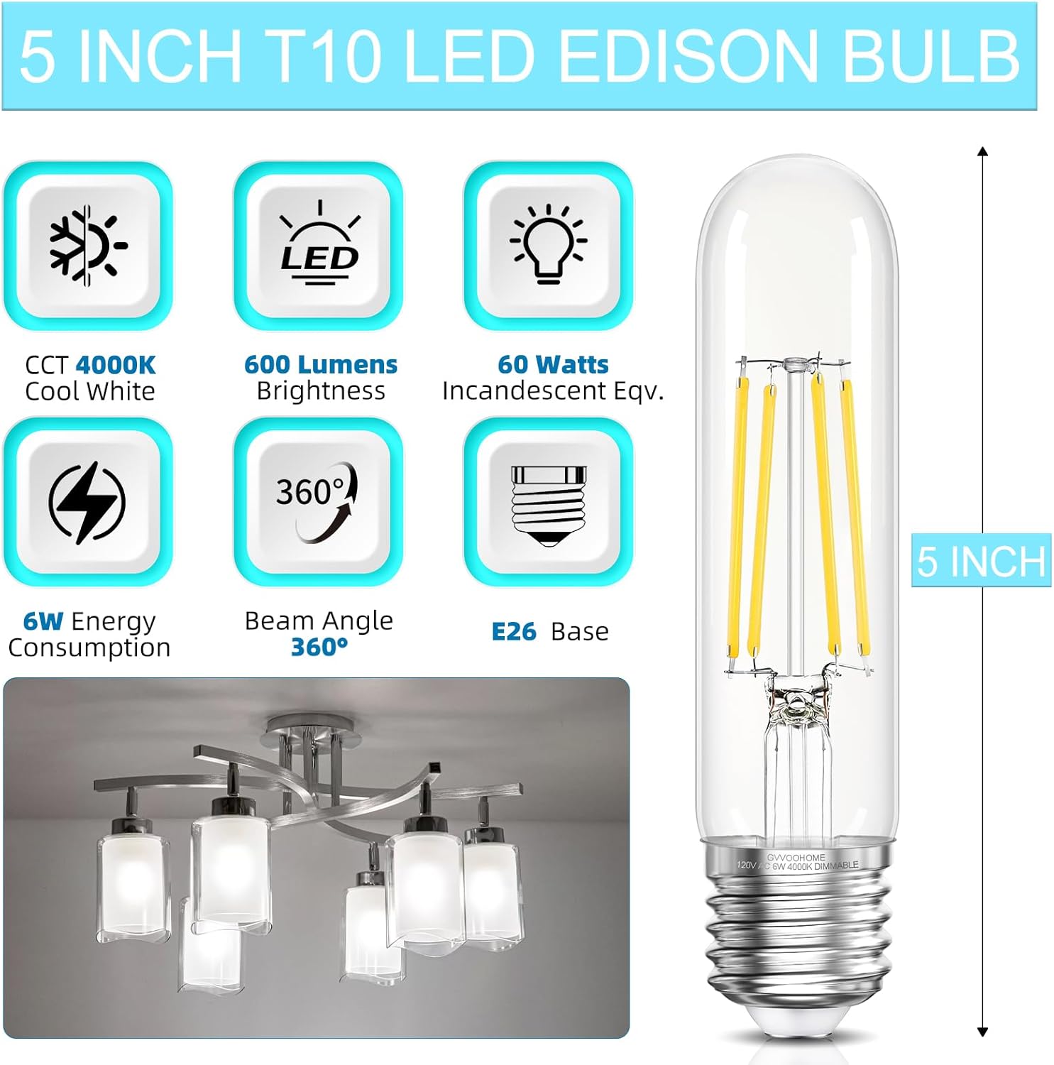 GvvooHome Tubular LED Edison Bulb Dimmable 4000K Neutral White, 6W, 60 watt Equivalent, E26 LED Light Bulbs, T10 Edison Bulbs for Chandeliers, Ceiling Fan, 90+CRI 600LM, 6 Pack